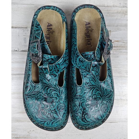ALEGRIA Mules, Clogs, Slip Ons Greenish/Bluish Leather w/a Floral Pattern - Picture 5 of 8